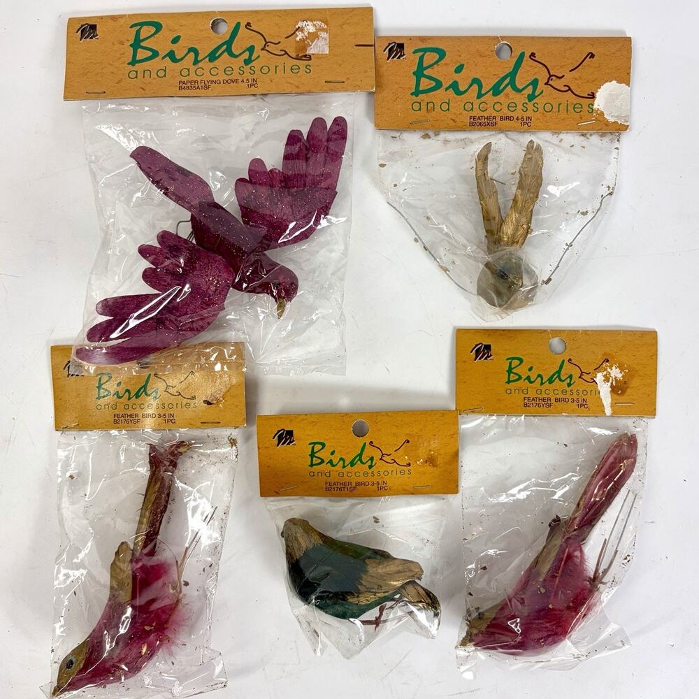 Vtg Lot Of 5 Feathered Metallic Birds Wired Feet Ornaments Crafts Mangelsons NEW
